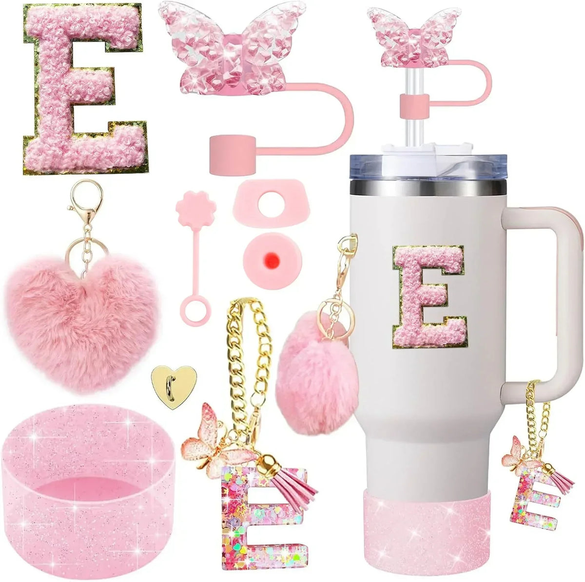 Personalized Initial Tumbler Charm Set – 9 Pieces, Pink