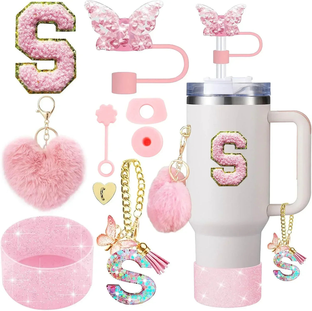Personalized Initial Tumbler Charm Set – 9 Pieces, Pink