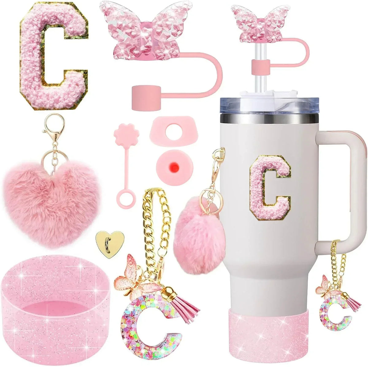 Personalized Initial Tumbler Charm Set – 9 Pieces, Pink