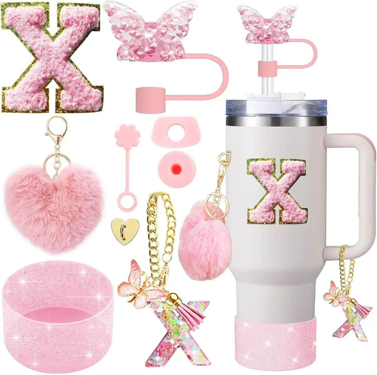 Personalized Initial Tumbler Charm Set – 9 Pieces, Pink
