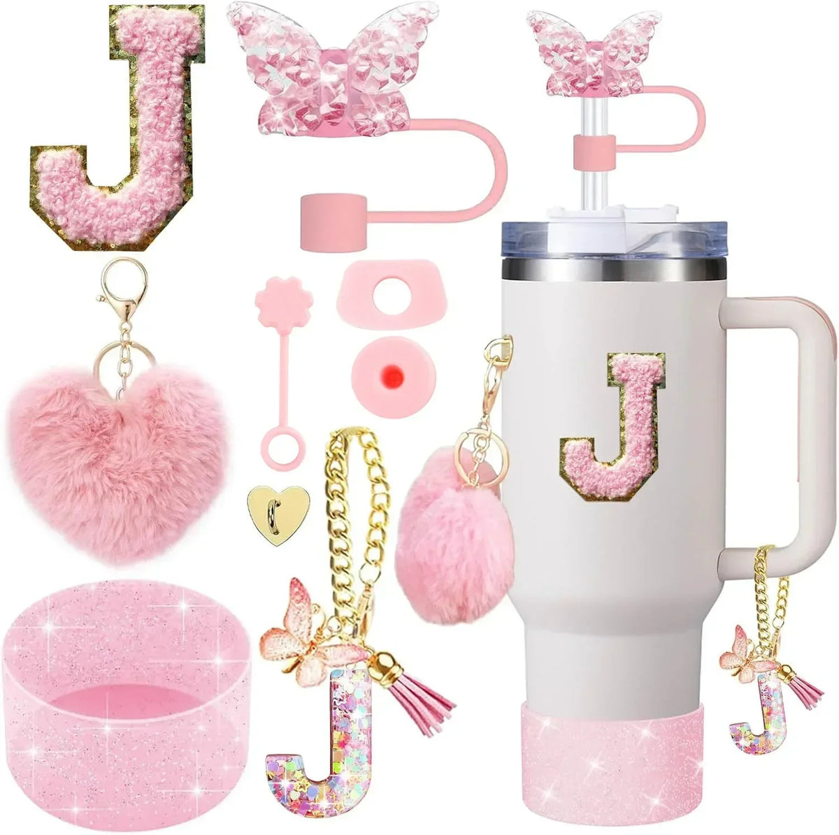 Personalized Initial Tumbler Charm Set – 9 Pieces, Pink