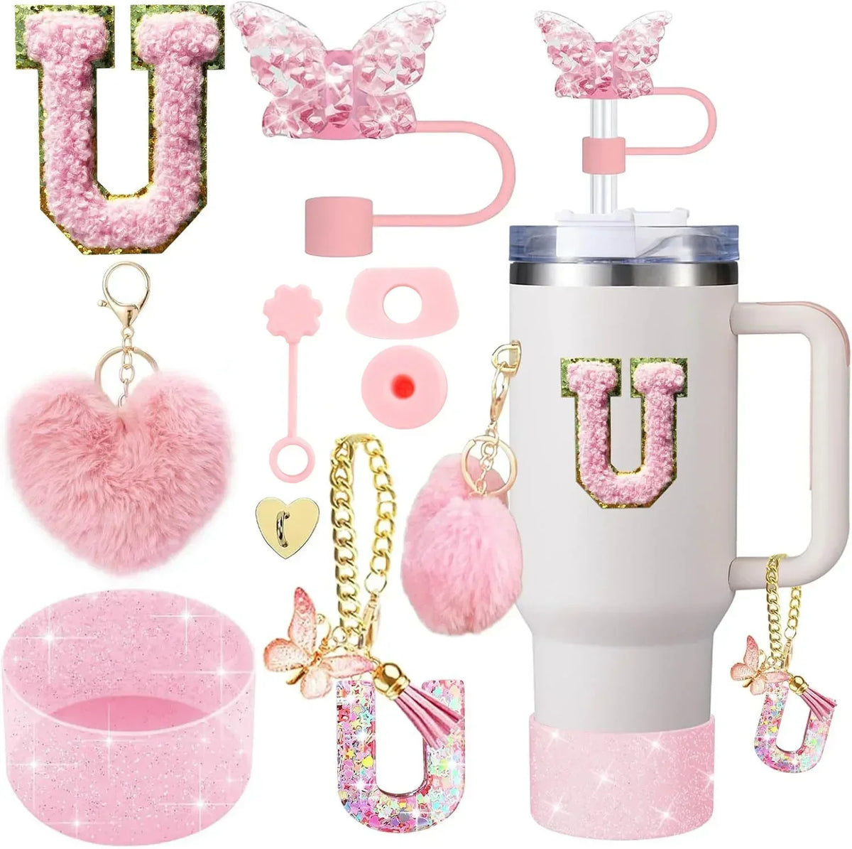 Personalized Initial Tumbler Charm Set – 9 Pieces, Pink