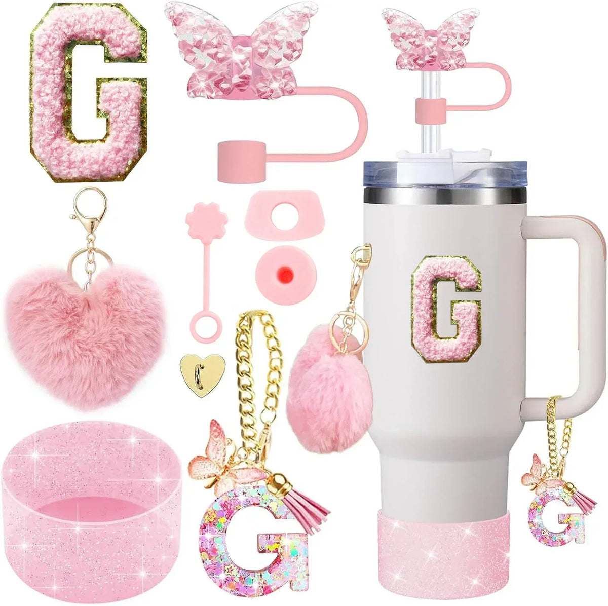 Personalized Initial Tumbler Charm Set – 9 Pieces, Pink