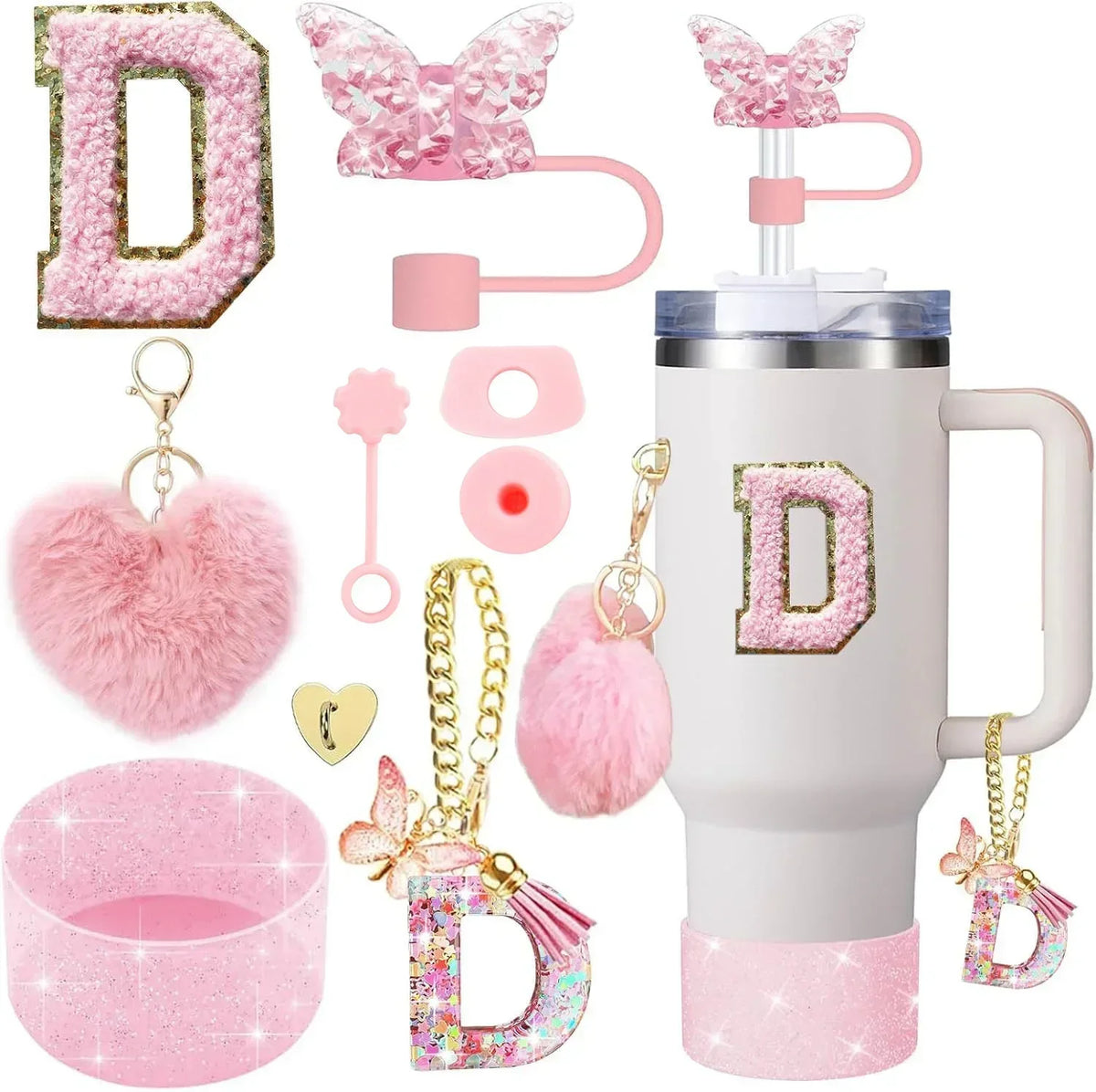 Personalized Initial Tumbler Charm Set – 9 Pieces, Pink