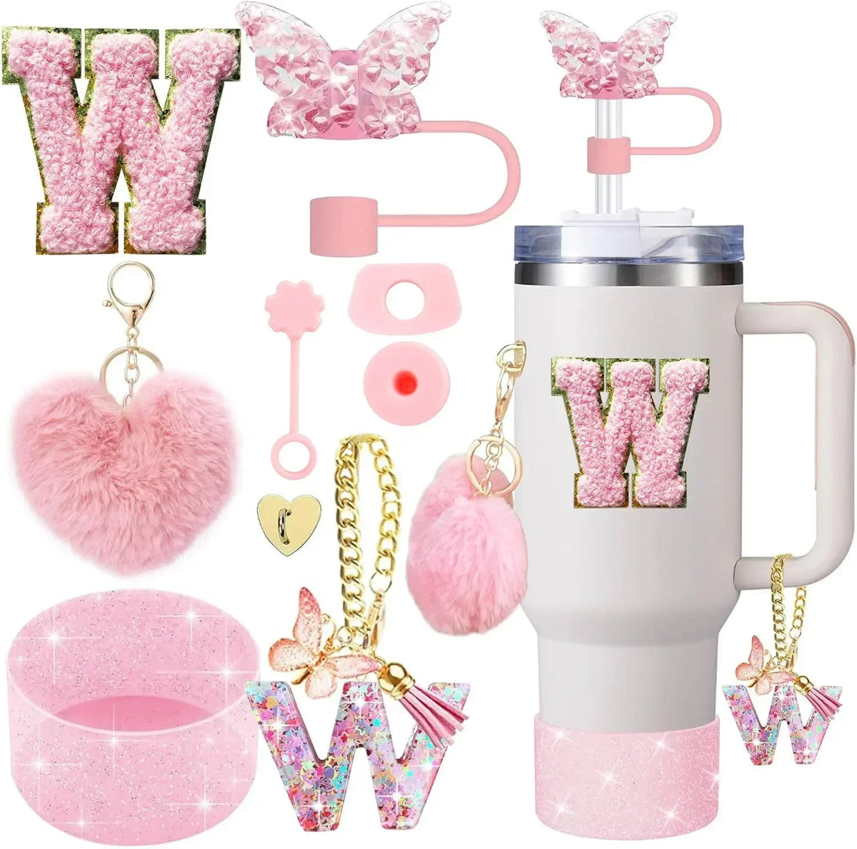 Personalized Initial Tumbler Charm Set – 9 Pieces, Pink