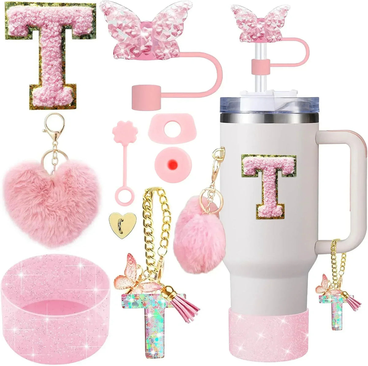 Personalized Initial Tumbler Charm Set – 9 Pieces, Pink