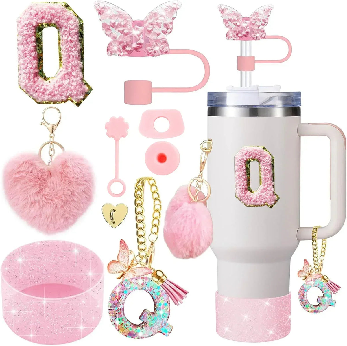 Personalized Initial Tumbler Charm Set – 9 Pieces, Pink