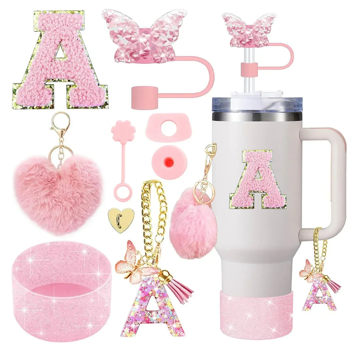 Personalized Initial Tumbler Charm Set – 9 Pieces, Pink