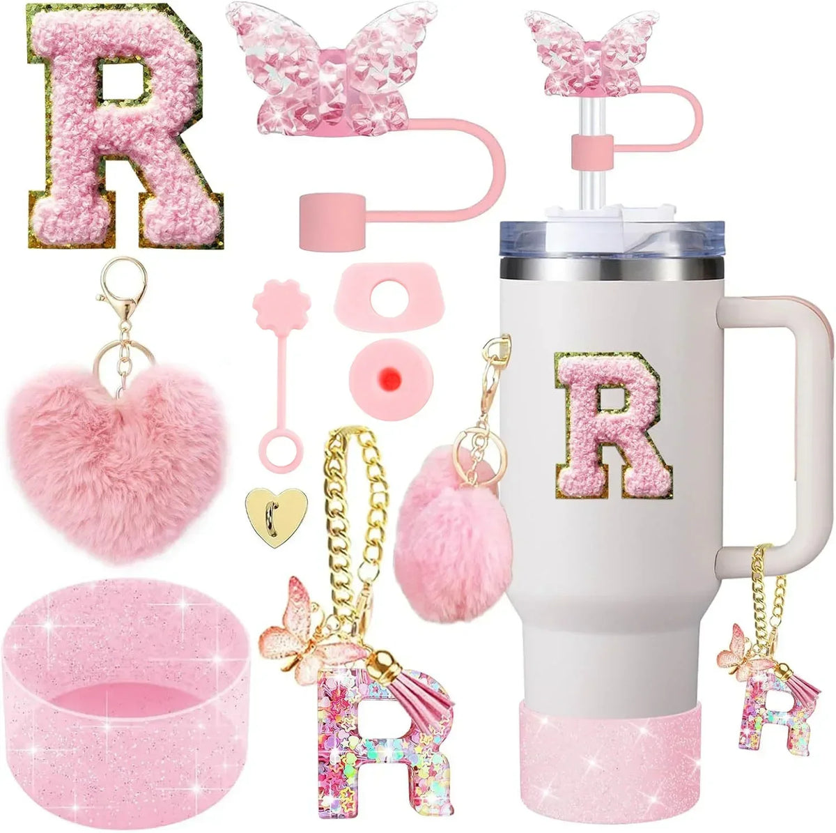 Personalized Initial Tumbler Charm Set – 9 Pieces, Pink