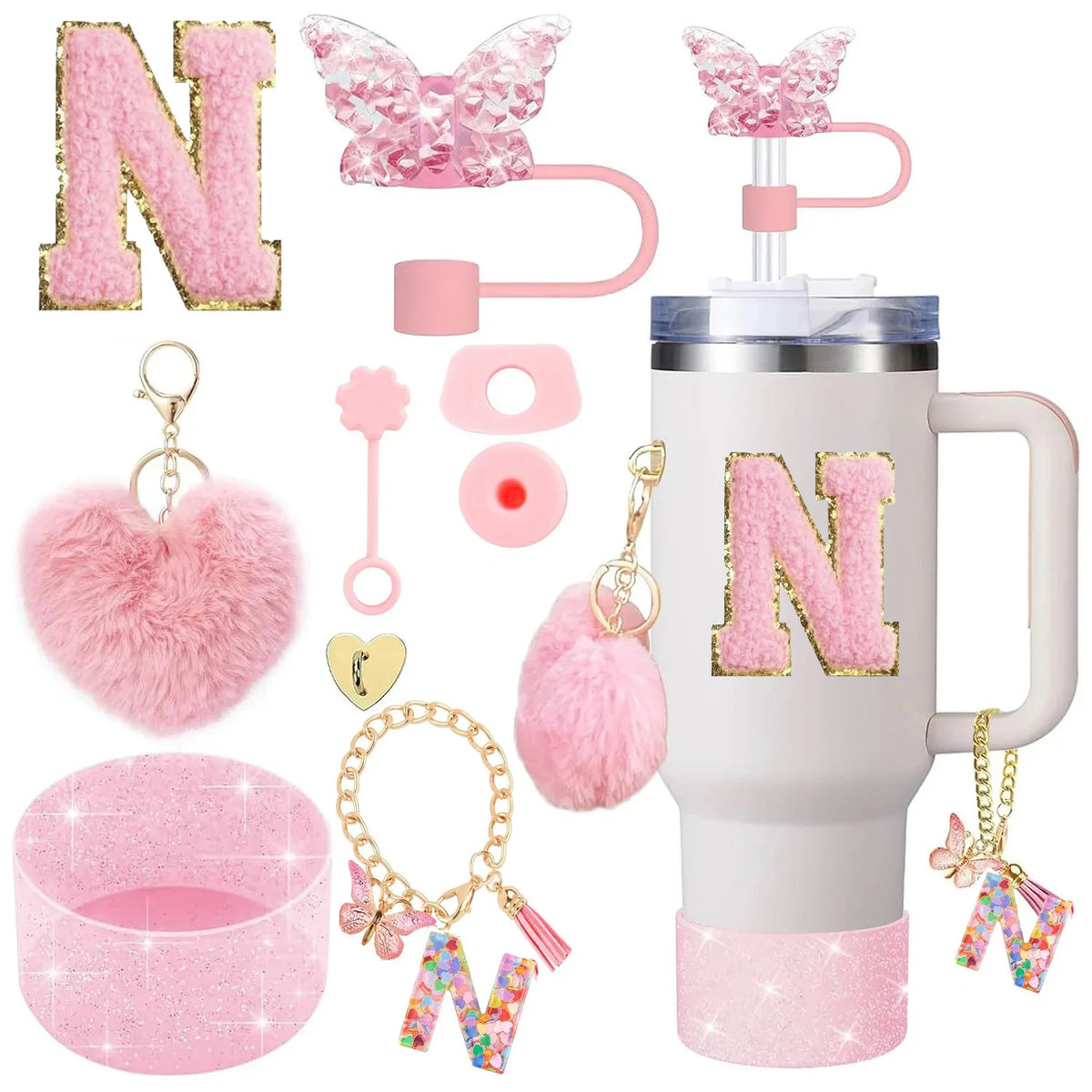 Personalized Initial Tumbler Charm Set – 9 Pieces, Pink