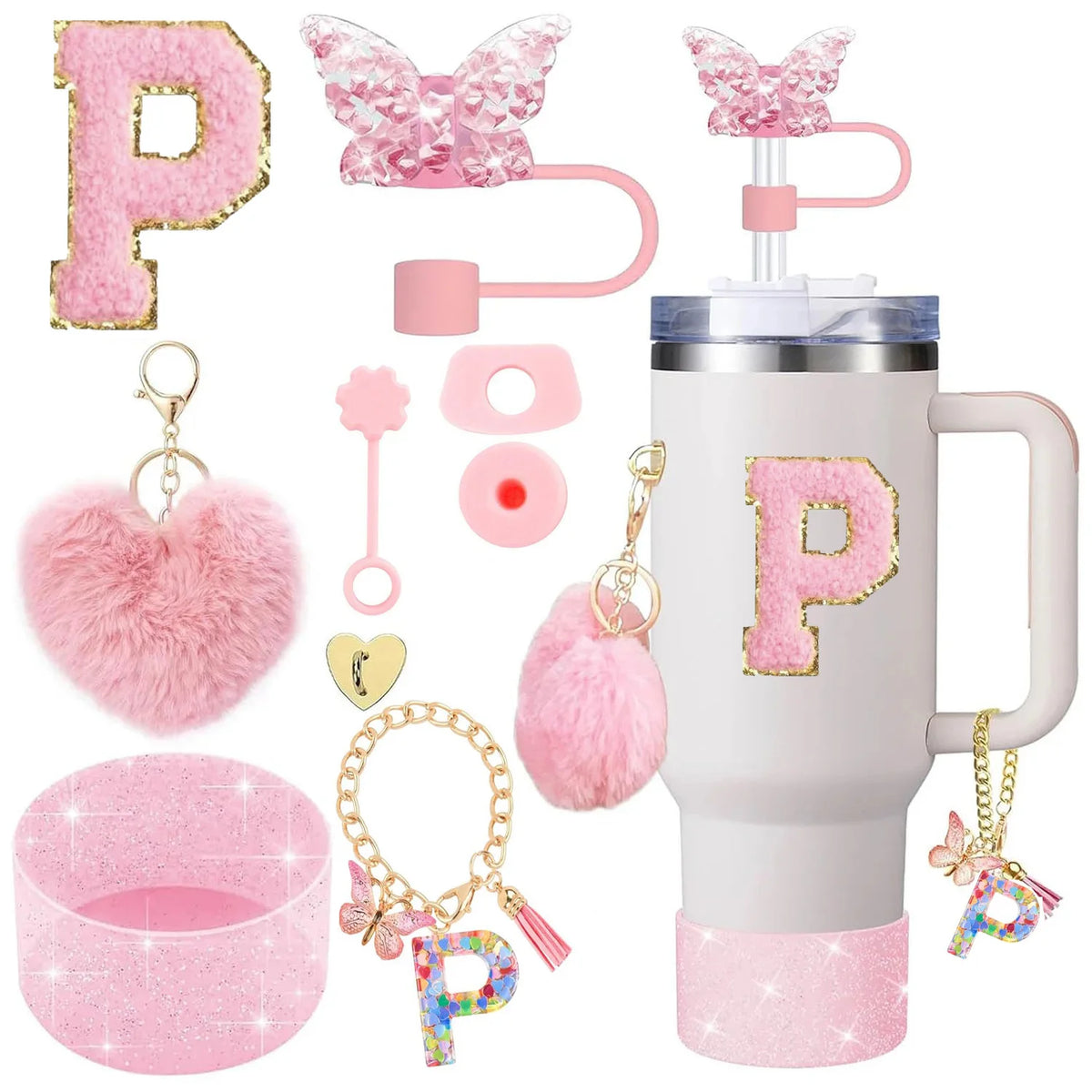 Personalized Initial Tumbler Charm Set – 9 Pieces, Pink
