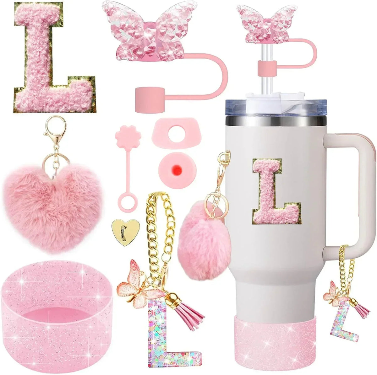 Personalized Initial Tumbler Charm Set – 9 Pieces, Pink
