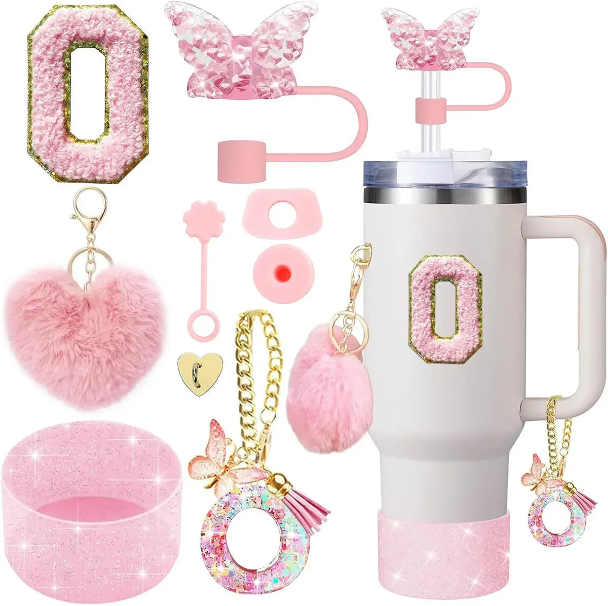 Personalized Initial Tumbler Charm Set – 9 Pieces, Pink