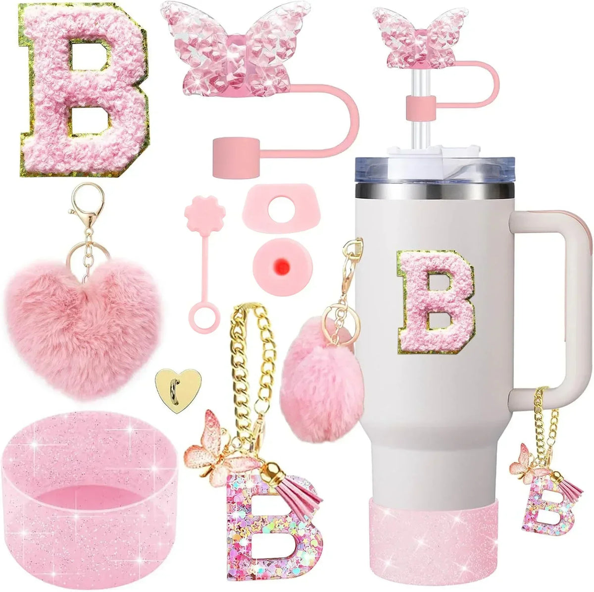 Personalized Initial Tumbler Charm Set – 9 Pieces, Pink