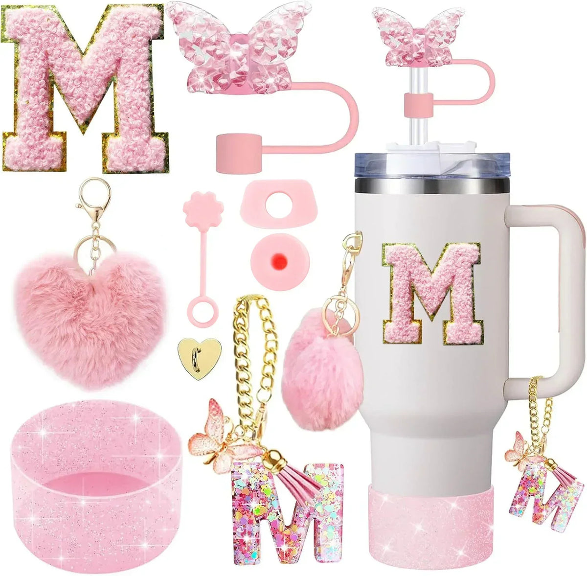 Personalized Initial Tumbler Charm Set – 9 Pieces, Pink