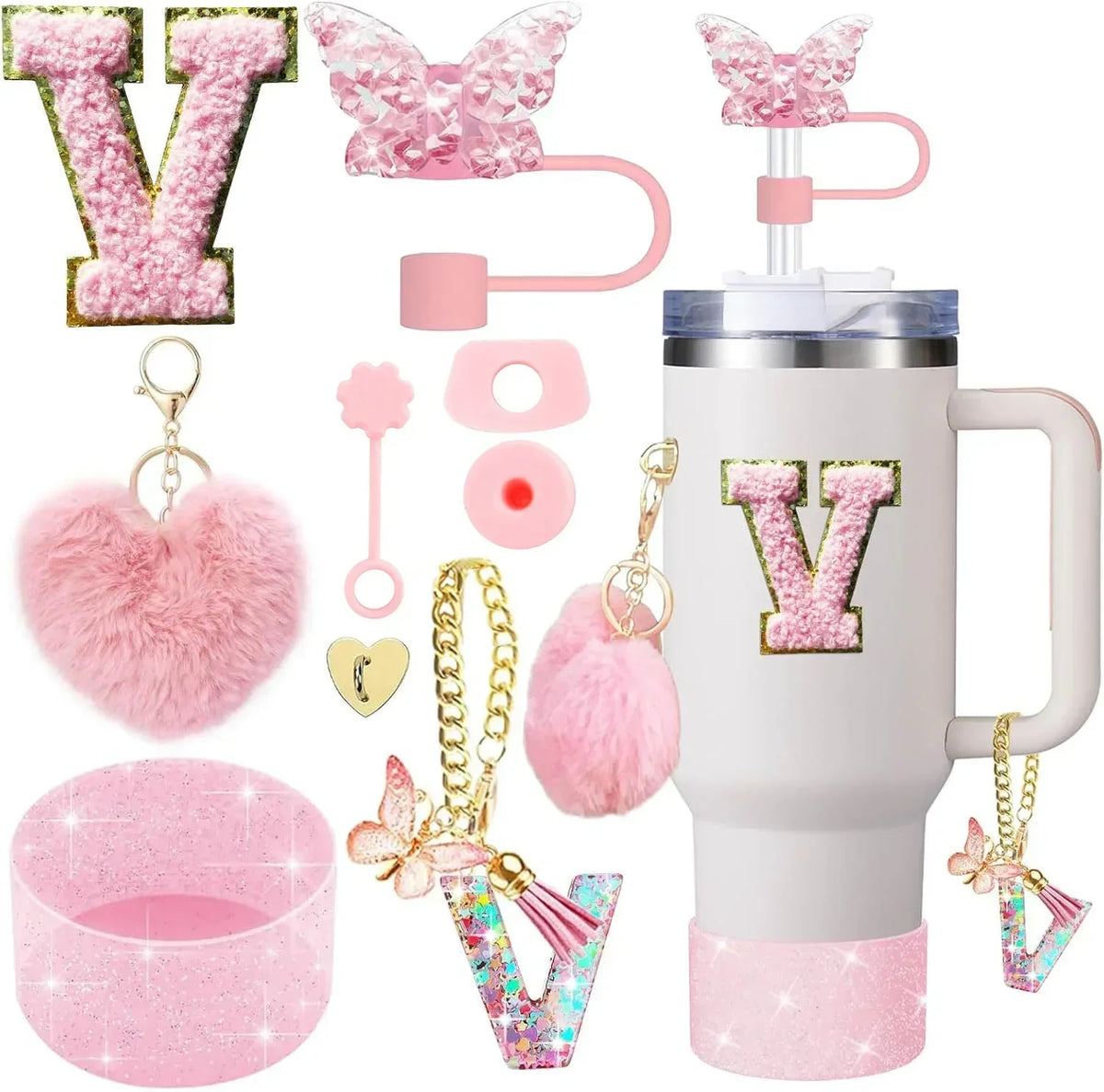 Personalized Initial Tumbler Charm Set – 9 Pieces, Pink