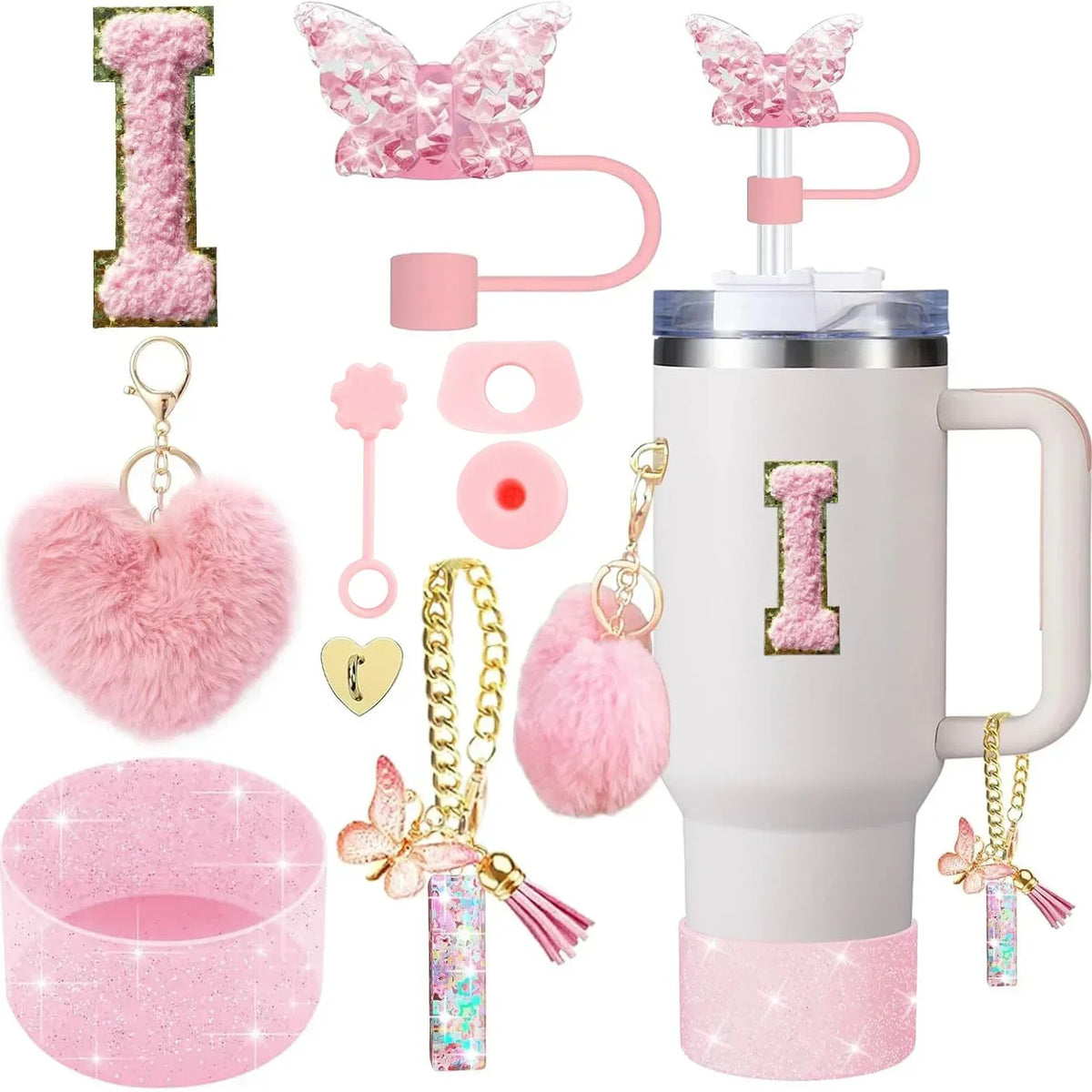 Personalized Initial Tumbler Charm Set – 9 Pieces, Pink